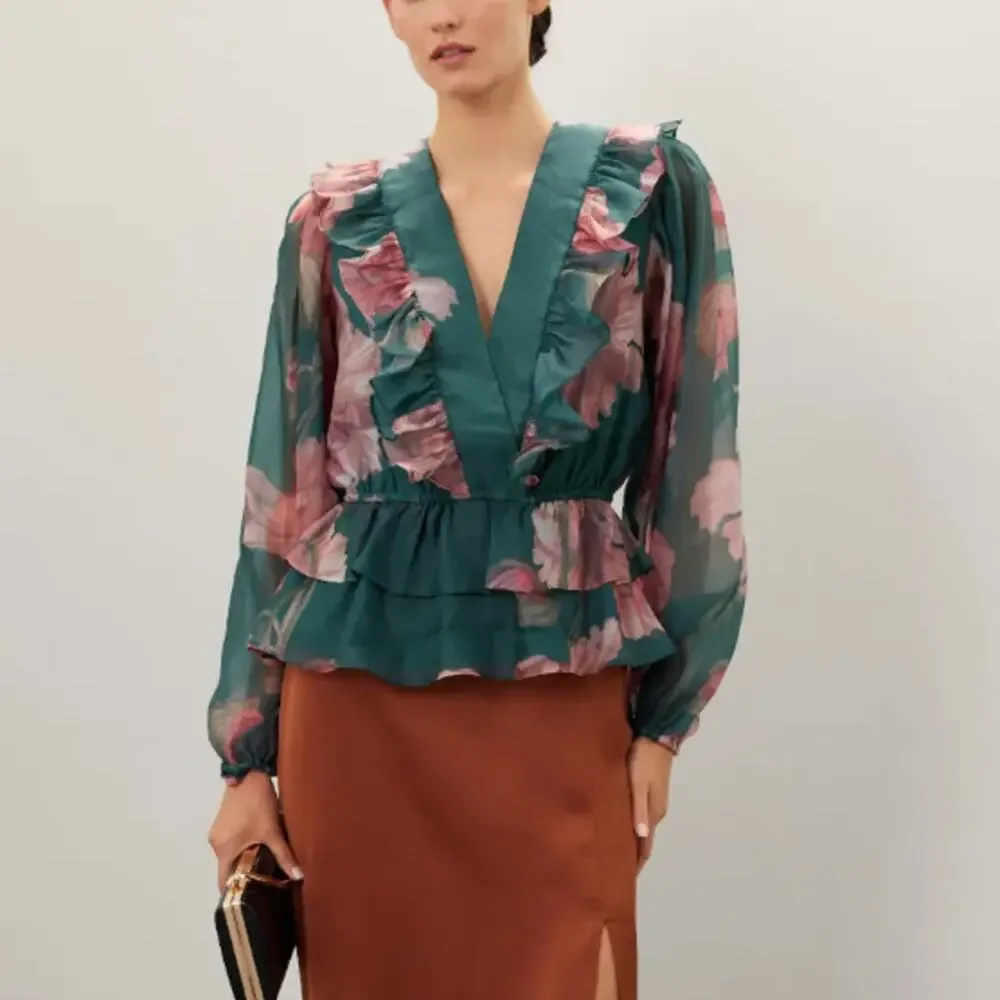 Hutch Hunter Green Chiffon Ruffle Top MEDIUM Cottage Fall Romantic Designer $180 - Picture 3 of 10